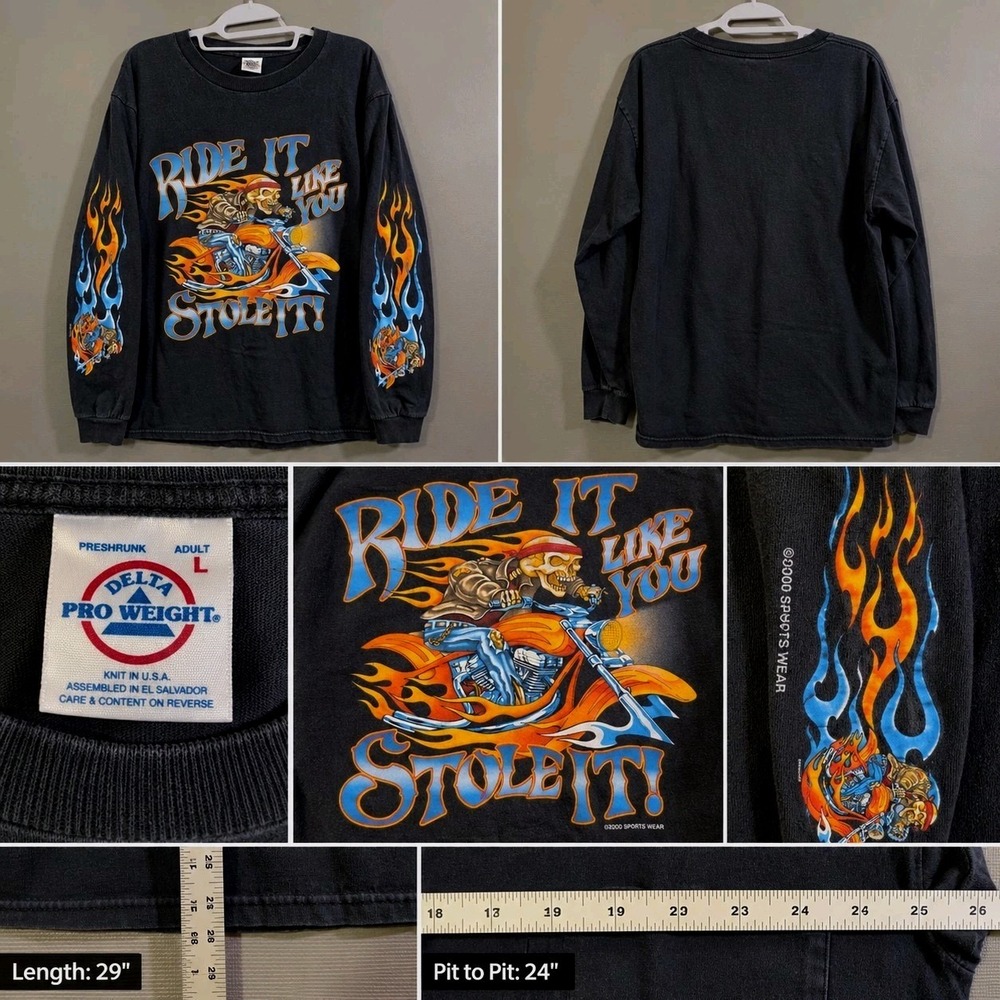 Vintage 2002 Ride It Like You Stole It Shirt Large Skeleton Biker Flame Y2K